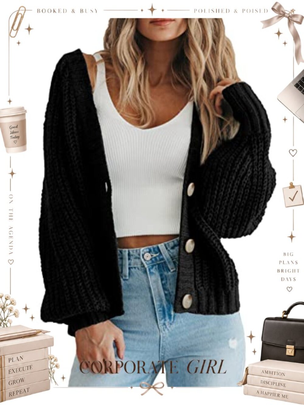 Cable Knit Crop Cardigan Long Sleeve V-Neck Button Down Sweater